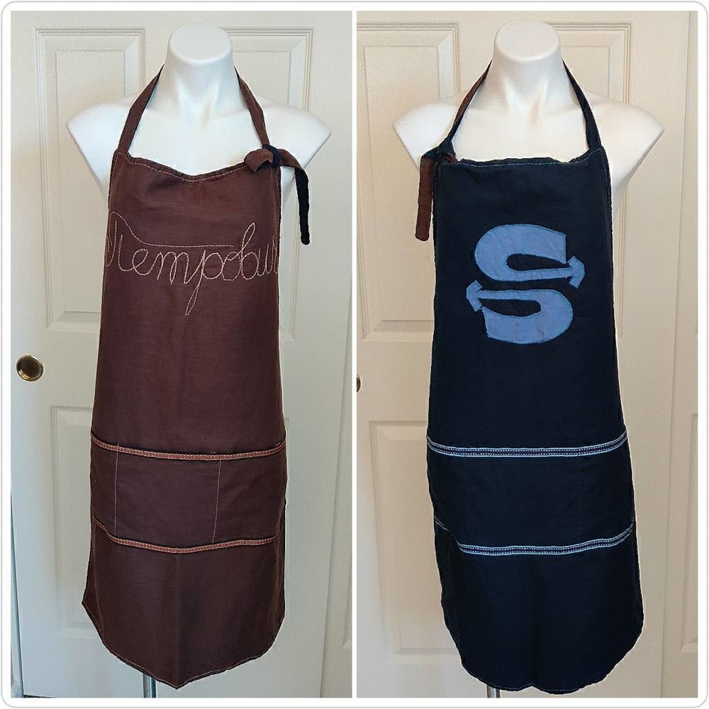 Handmade reversible brown navy linen kitchen craft apron